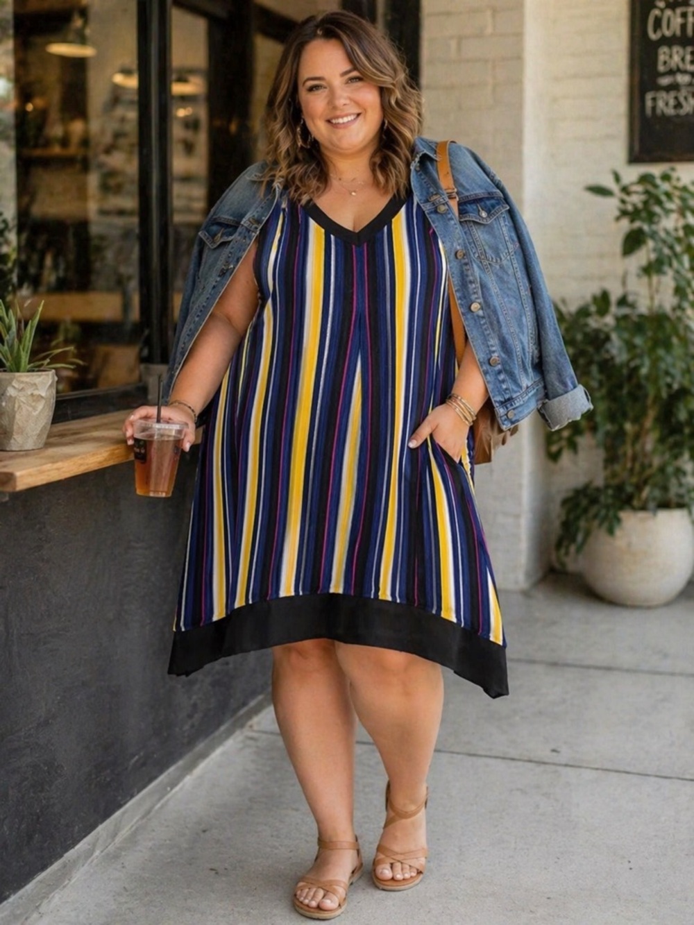 Plus Size 4X Striped Tank Dress Tunic Navy Yellow Pink V Neck Flowy Rayon Boho